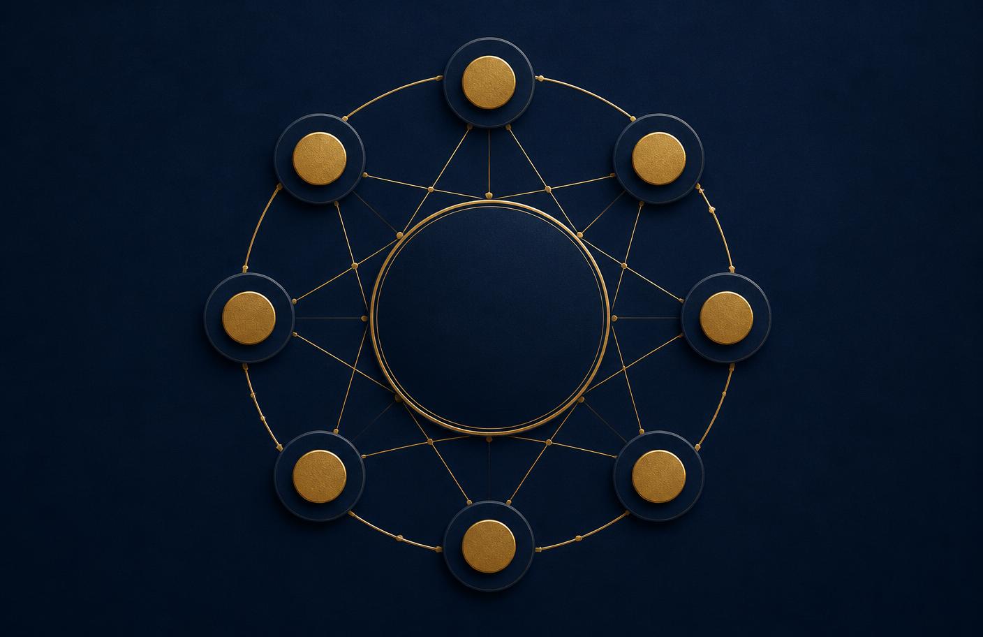 Gold nodes arranged in a circle on navy, representing a fellowship cohort