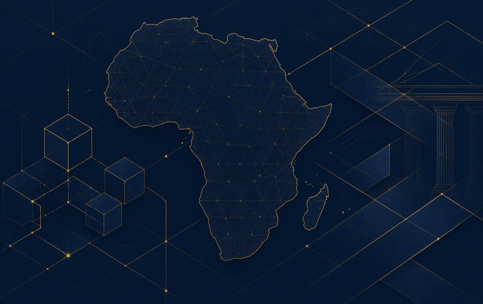 Gold linework map of Africa over a deep navy field of connected geometric nodes