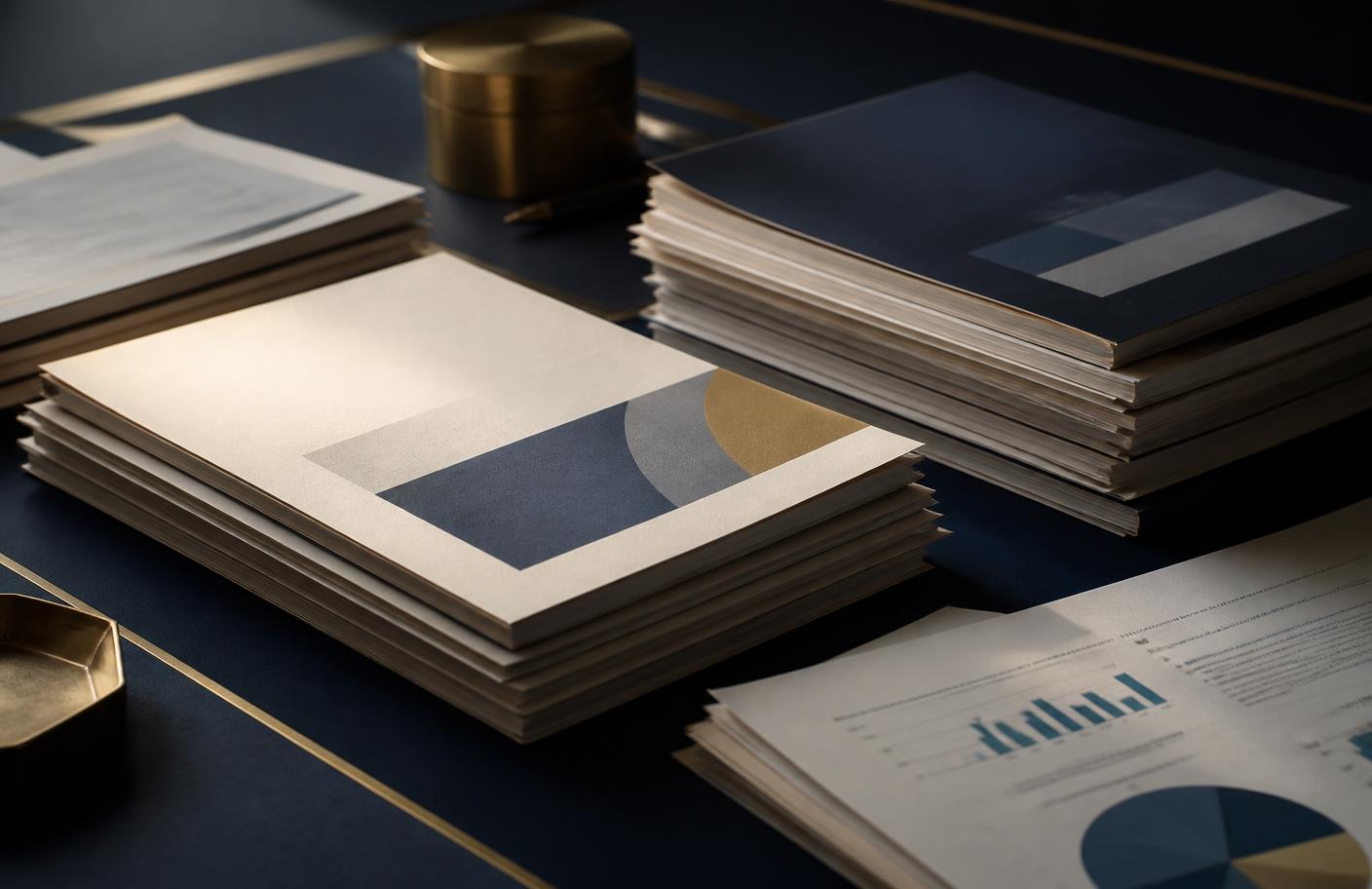 Stacked policy research reports on a navy desk under warm light