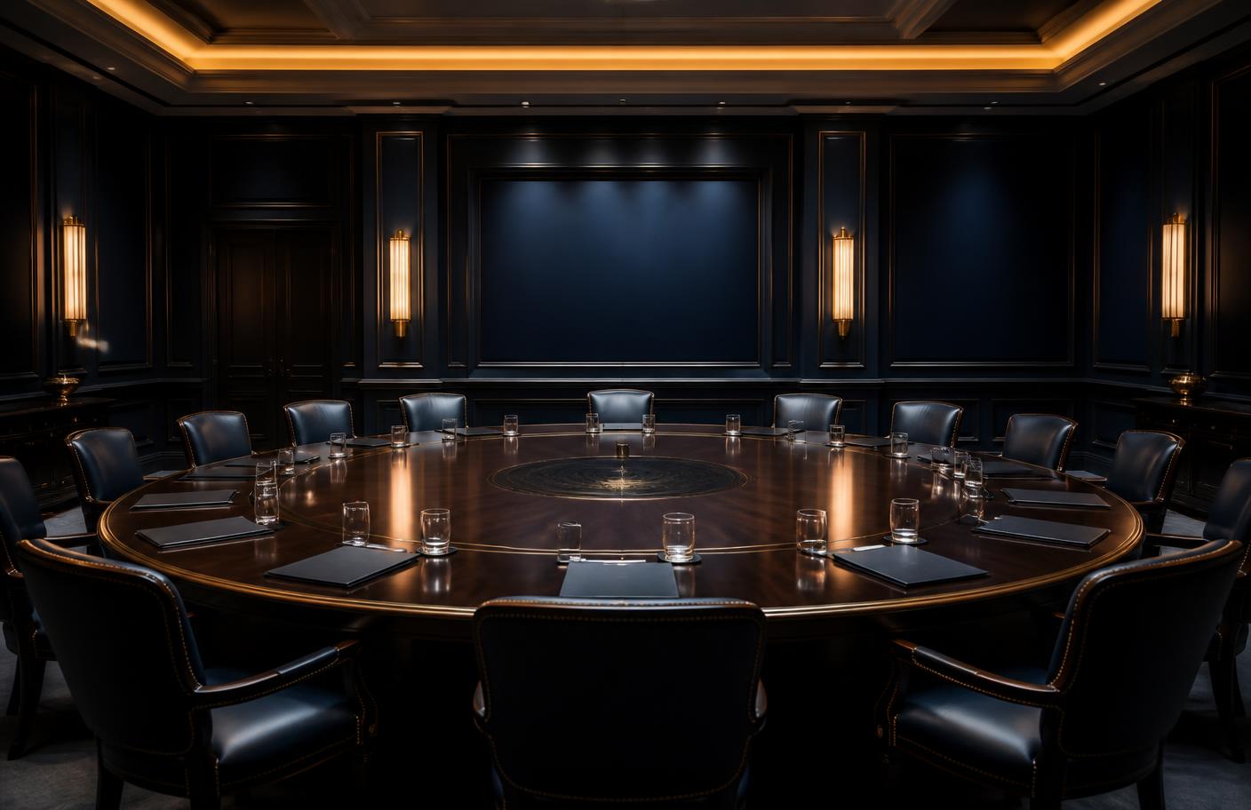 An empty formal roundtable room lit in warm gold light